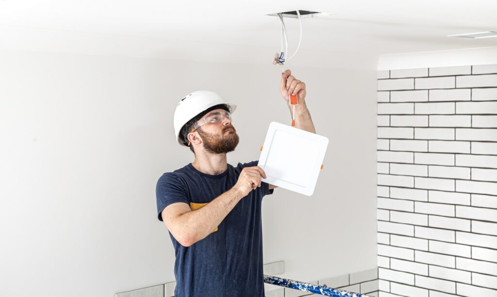 Electrician Builder at work, installation of lamps at height.